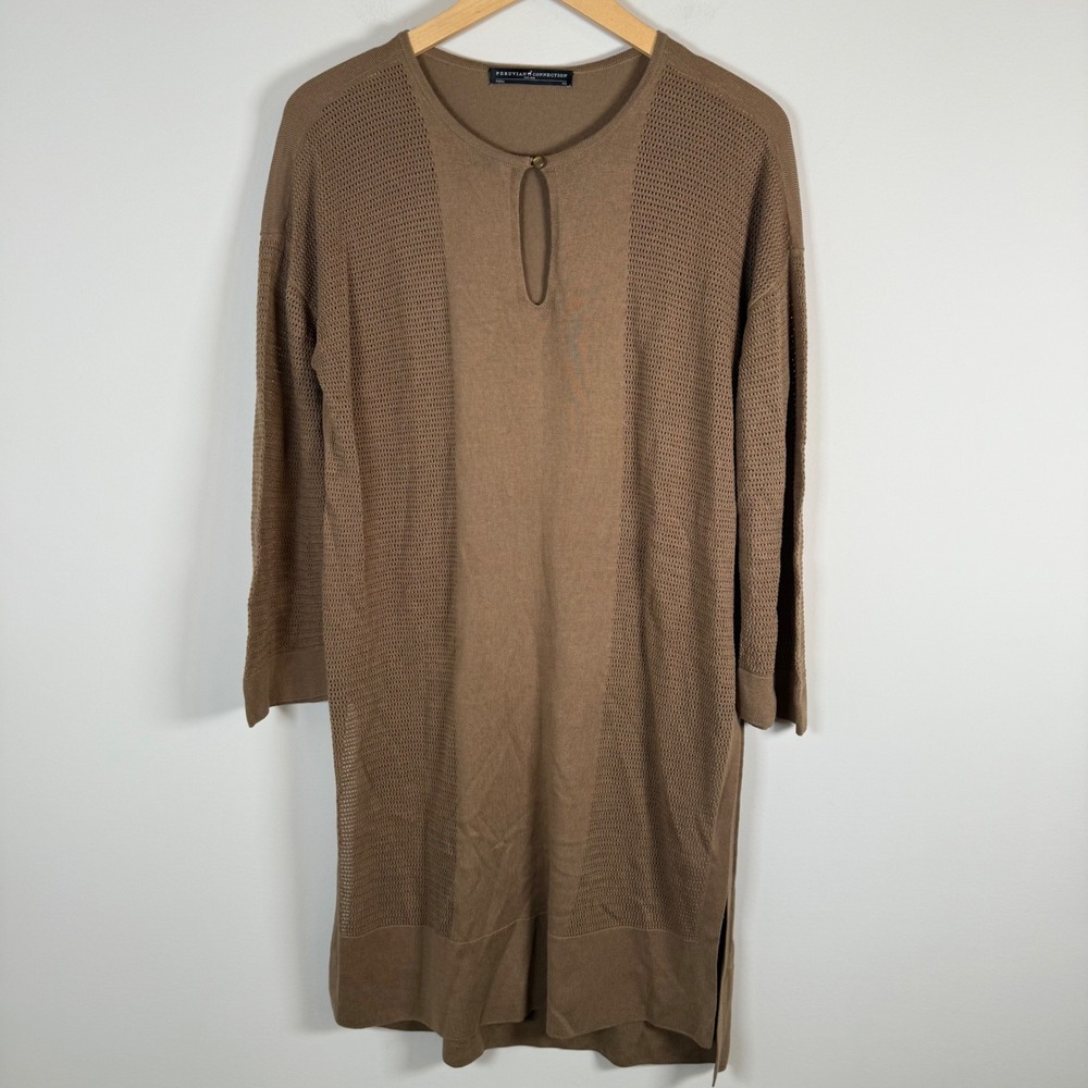 Peruvian Connection Pima Cotton Modal Tunic Sweater Longline XS Brown Mesh Knit